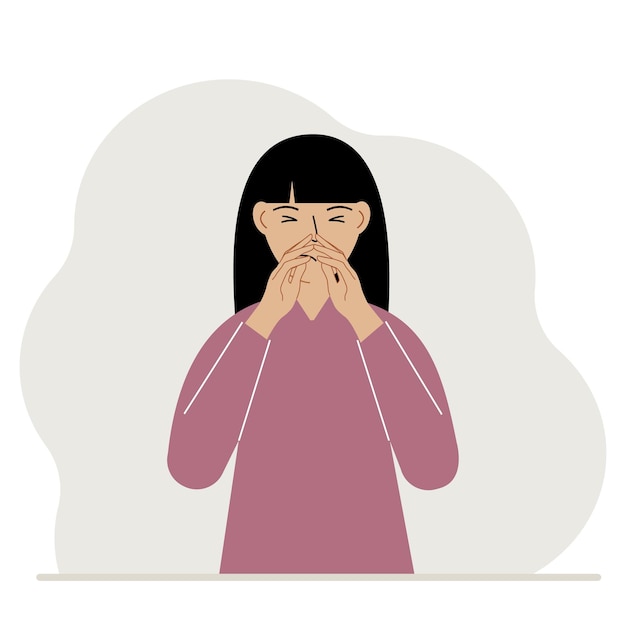 The woman covers his nose with his hands The concept of a sick person sneezes seasonal allergies bad smell Vector flat illustration