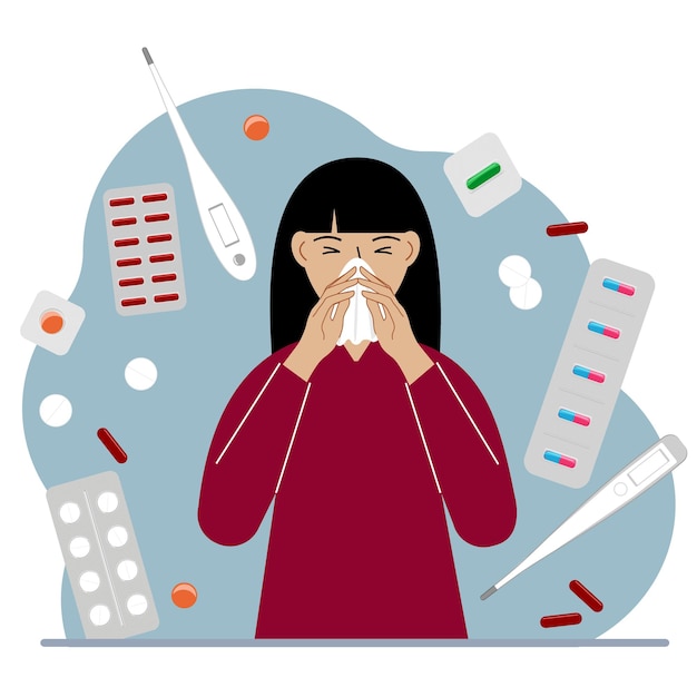 A woman covers his nose with his hands with a handkerchief the concept of a cold person seasonal allergies lots of medicines and thermometers vector flat illustration