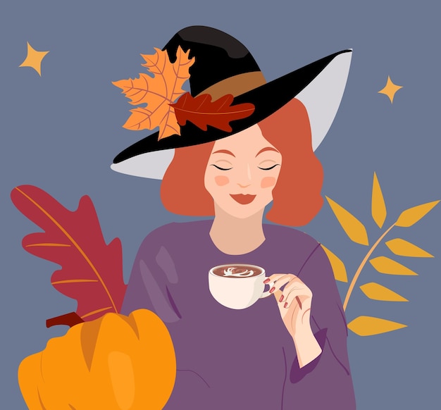 Женщина в уютном теплом свитере снова пьет чай. Открытка на Хэллоуин ведьма с тыквой.