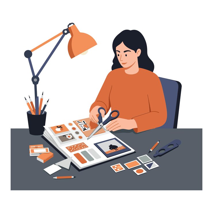 वेक्टर woman crafting with scissors and paper in flat vector art illustration