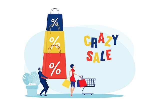 Vector woman crazy shop sale discount on black friday