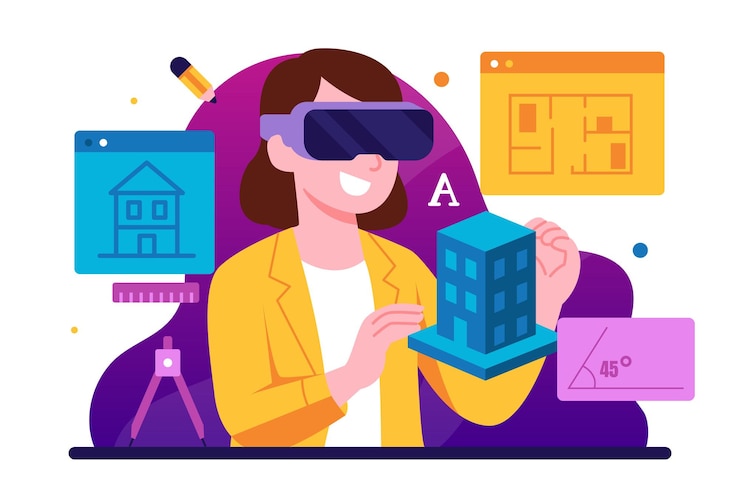 Vector woman creating a building plan with the help of vr