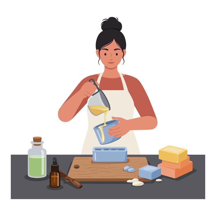Vector woman creating natural soap in a modern kitchen flat vector art illustration