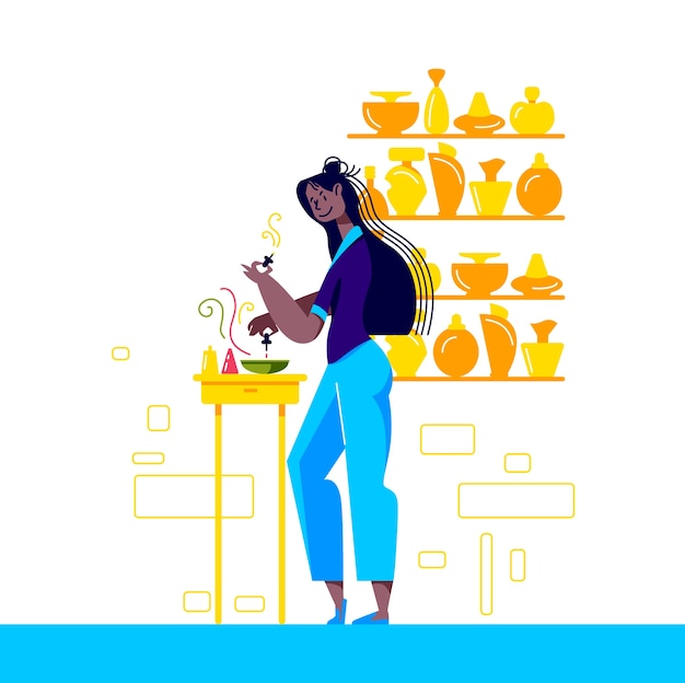 Vector woman creating new perfume.