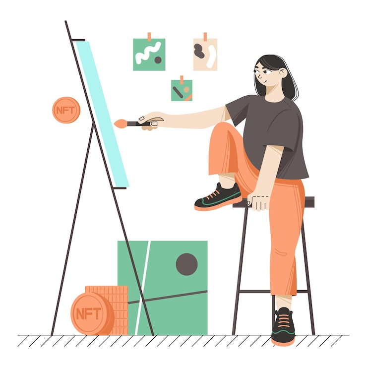 Vector woman creating a nft art