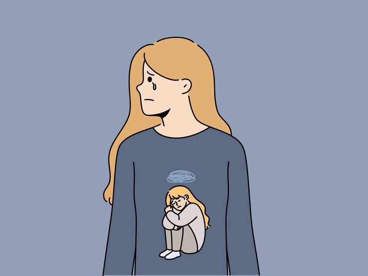Vector 女性は子供の頃の心理的トラウマによるストレスとうつ病のために泣きます