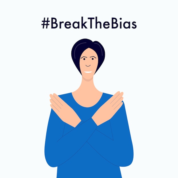 Woman cross arms break the bias concept Vector flat illustration woman making stop gesture