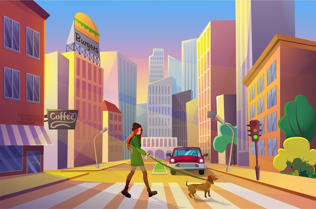 Woman crossing street alone with her pet at sunset in cartoon city with urban skysrapers