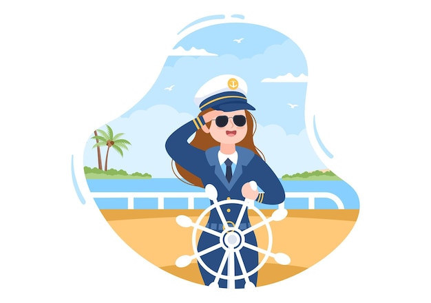 Vector woman cruise ship captain cartoon illustration in sailor uniform on the harbor