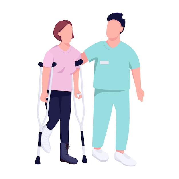 Vector woman on crutches and doctor  color  faceless character.