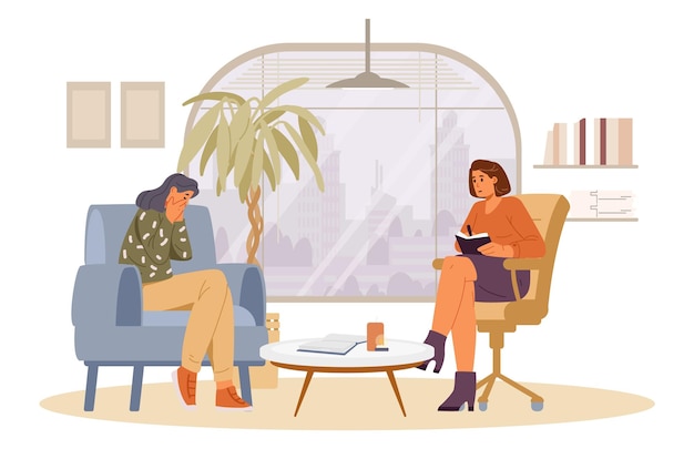 Woman crying during psychological therapy session at psychologists office