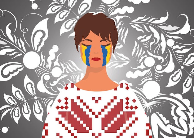 Woman crying with the color of the flag of Ukraine Pray for Ukraine Stop war Vector illustration