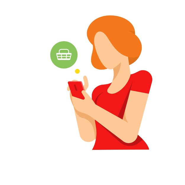 Женщина-клиент онлайн-покупок для смартфона, ставящая векторную плоскую иллюстрацию корзины покупок. Женщина-клиент выбирает товар, заказывает мобильный телефон, интернет-магазин, служба доставки, цифровой маркетинг