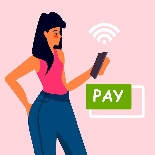 Vector woman customer using pos terminal for cashless paying girl at cashier noncontact payment concept vector illustration