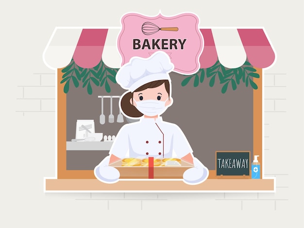 Woman cute at bakery shop character