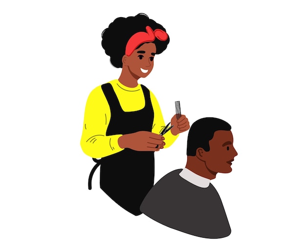 A woman cuts a man's hair in a barbershop.