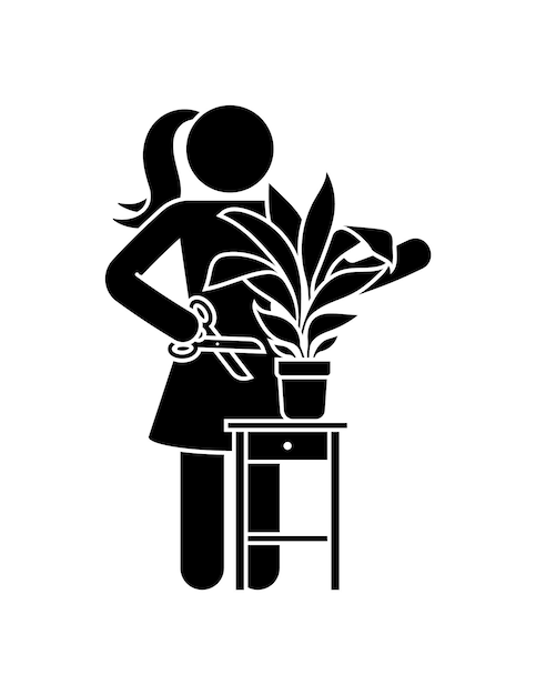 Vettore donna che taglia l'illustrazione di vettore della pianta dell'interno