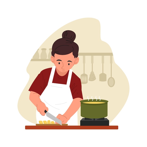 Женщина режет овощи для приготовления пищи