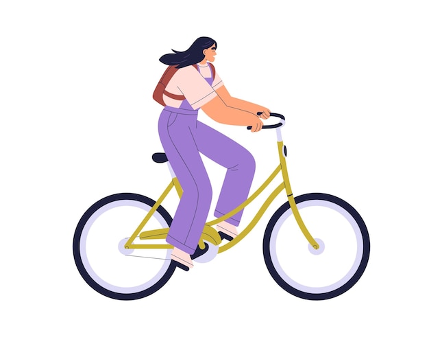 woman cycling on bicycle smiling and enjoying ride happy female cyclist traveling pedaling on eco transport active girl on bike profile flat vector illustration isolated on white background