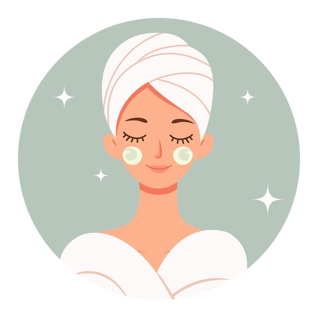 Vector woman daily beauty care routine girl with towel on head wih cream on her face