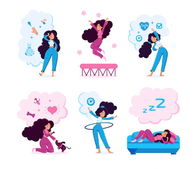 Woman Daily Life Routine Vector Characters Set