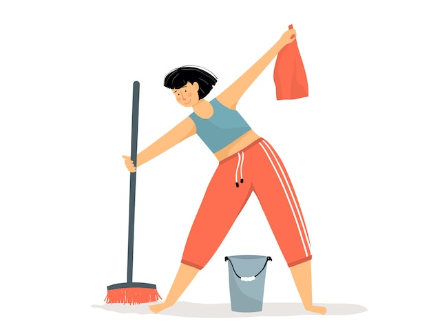 Woman daily routine cleaning floor in the house with broom and bucket of water. happy girl washing and housekeeping holding duster smiling. flat cartoon.