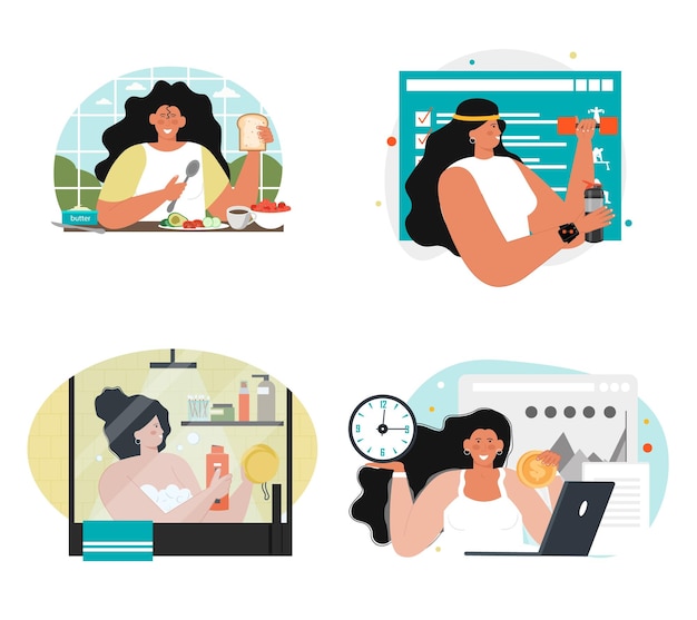 Woman daily routine vector scene isolated set