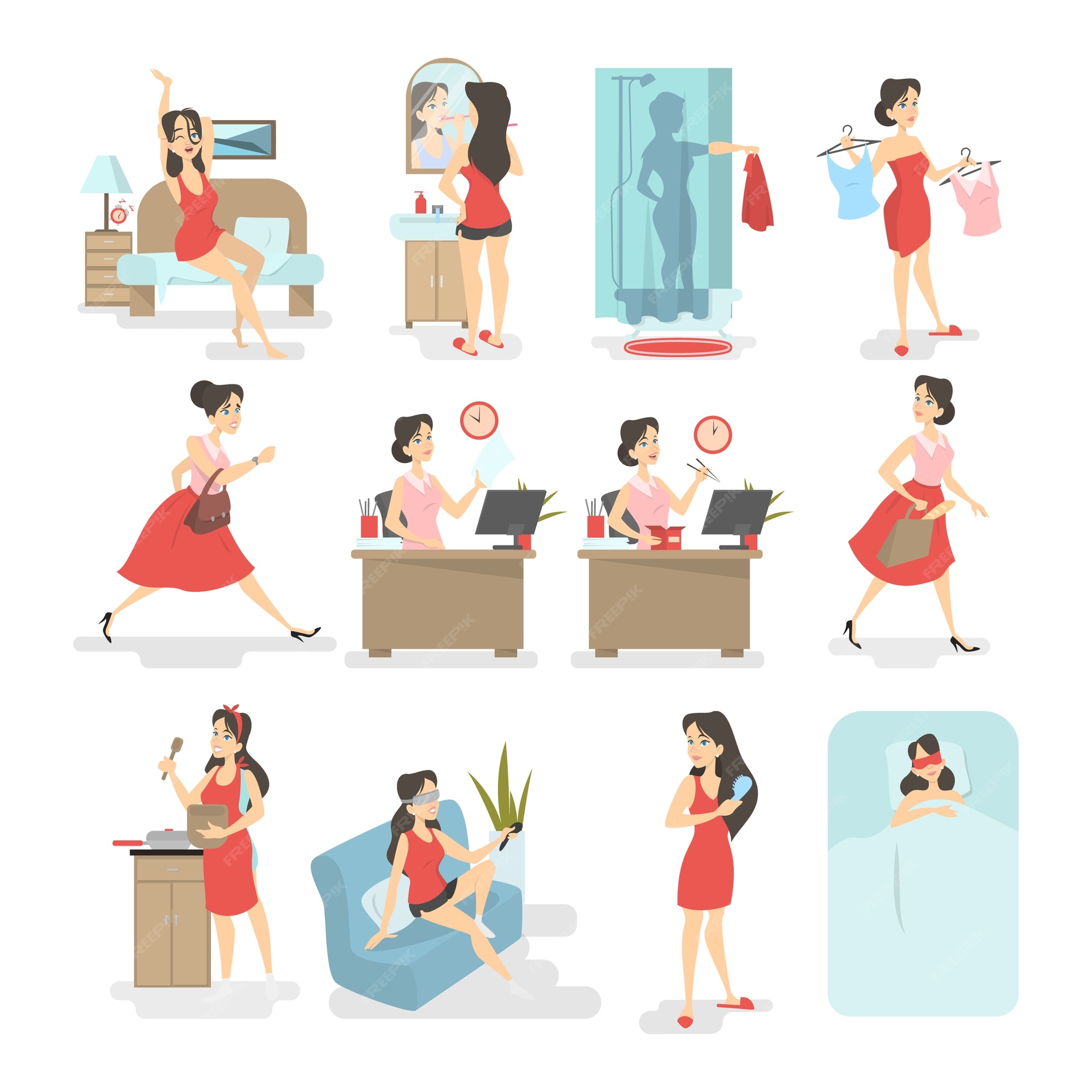 Premium Vector Woman Daily Routine Waking Up Having Breakfast premium-vector-woman-daily-routine-waking-up-having-breakfast