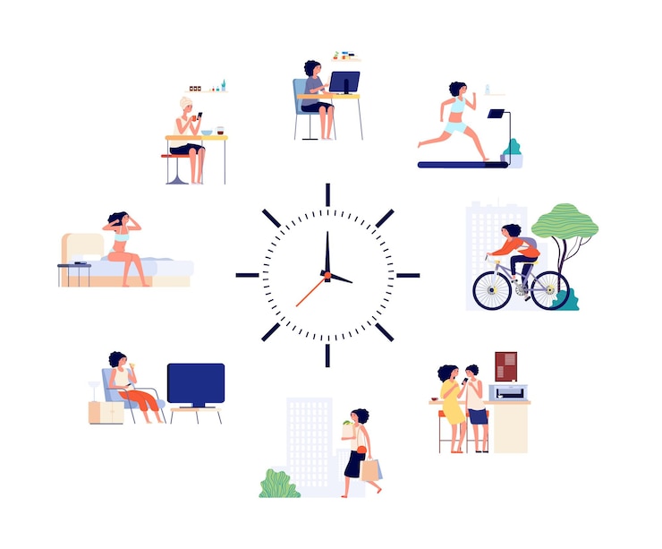 Vector woman daily schedule. female activities every day, different life situations and clock. girl wake up working drinking coffee and meeting friend vector illustration. woman daily schedule, office home