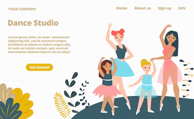 Woman dance studio landing web page, concept banner website template cartoon  illustration. company website page, female workroom.