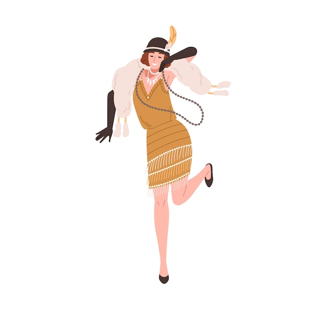 Vector woman dancer of 1920s broadway party. funny 20s girl dancing charleston in retro fashion dress, necklace, hat. lady swinging to music. flat graphic vector illustration isolated on white background.