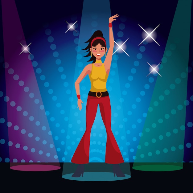 Vector woman dancing at 80s disco with lights