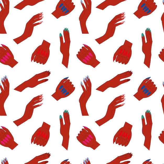 Woman dark skin hands seamless pattern Different woman dark skin hands vector pattern