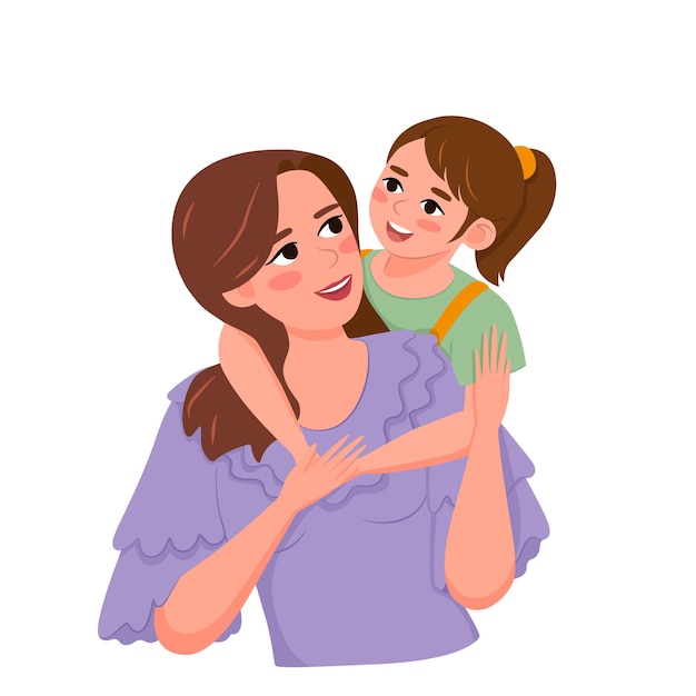 Woman and daughter embrace and are happy together Girl smiling at her mother Mothers Day greeting card template flat vector