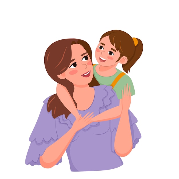 Vector woman and daughter embrace and are happy together girl smiling at her mother mothers day greeting card template flat vector