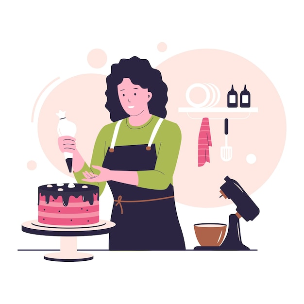 Vector woman decorates cake with butter cream