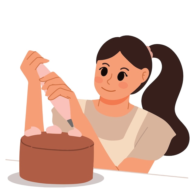 Vector woman decorating cake with icing sugar illustration