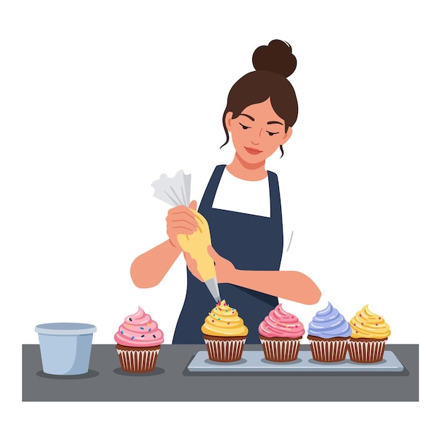 Woman decorating colorful cupcakes with frosting using a piping bag in a bakery