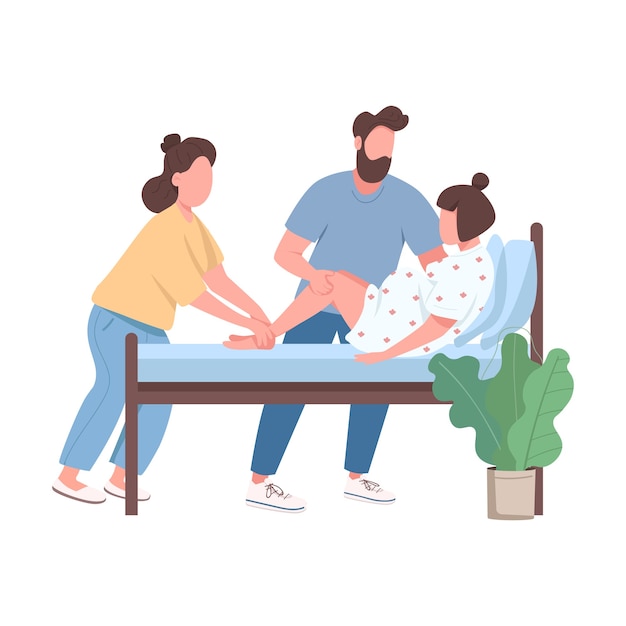 La donna trasporta il carattere senza volto di colore piatto del bambino. doula aiuto professionale. marito che istruisce la moglie nell'illustrazione isolata del fumetto di parto per il web design grafico e l'animazione