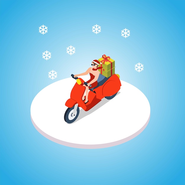 Woman Delivering Christmas Gifts on Scooter isometric 3d