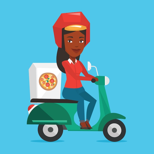 Vector woman delivering pizza on scooter.
