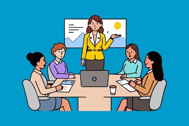 woman delivers a business presentation to an engaged audience of professionals in a conference setting flat vector illustration