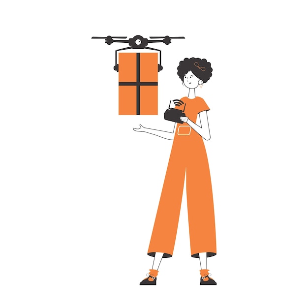 Vector a woman delivers a package with a drone air delivery concept linear modern style isolated on white background vector illustration