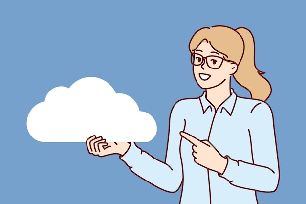 Woman demonstrates cloud symbolizing internet technology and virtual servers for storing and processing data Positive businesswoman recommends using cloud storage and developing IT