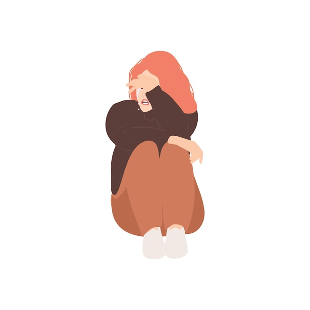 Woman in depression, crying with ptsd, fears, phobias, grief, depression, bullying, abuse concept