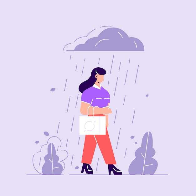 Vettore donna in depressione triste personaggio in piedi sotto la pioggia. tempo nuvoloso