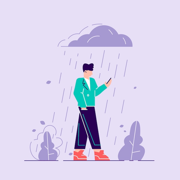 うつ病の女性。雨の中に立っている悲しいキャラクター。どんよりした天気