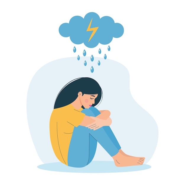 Vector woman in depression sitting and hugging her knees under rain cloud psychology depression bad mood