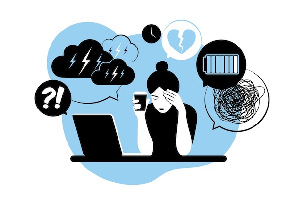 Woman in depression with bewildered thoughts in her mind. Young sad girl sitting at laptop. Vector illustration. Flat.