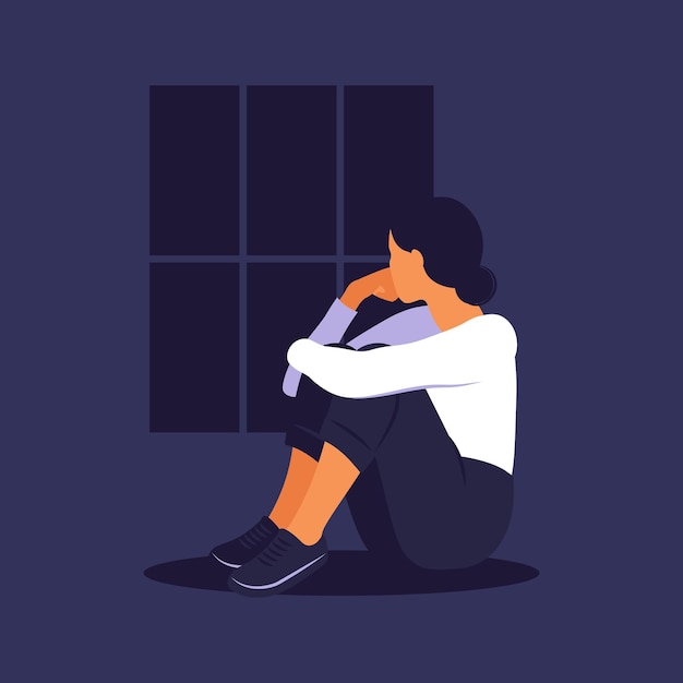 woman in depression with bewildered thoughts in her mind. young sad girl sitting in window and hugging her knees. flat style